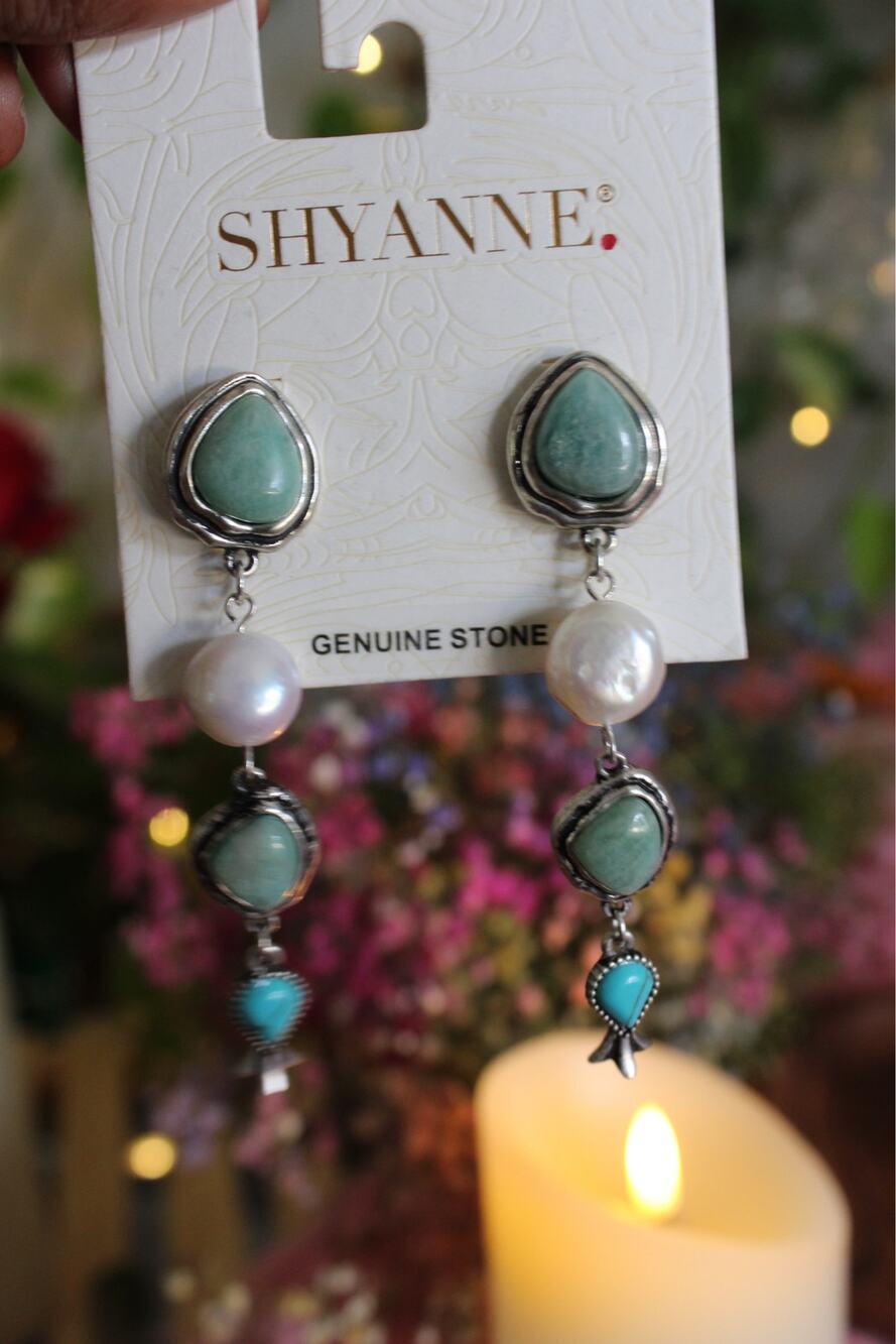 Shyanne Genuine Stone Turquoise Pearl Long Drop Earrings Silver Tone